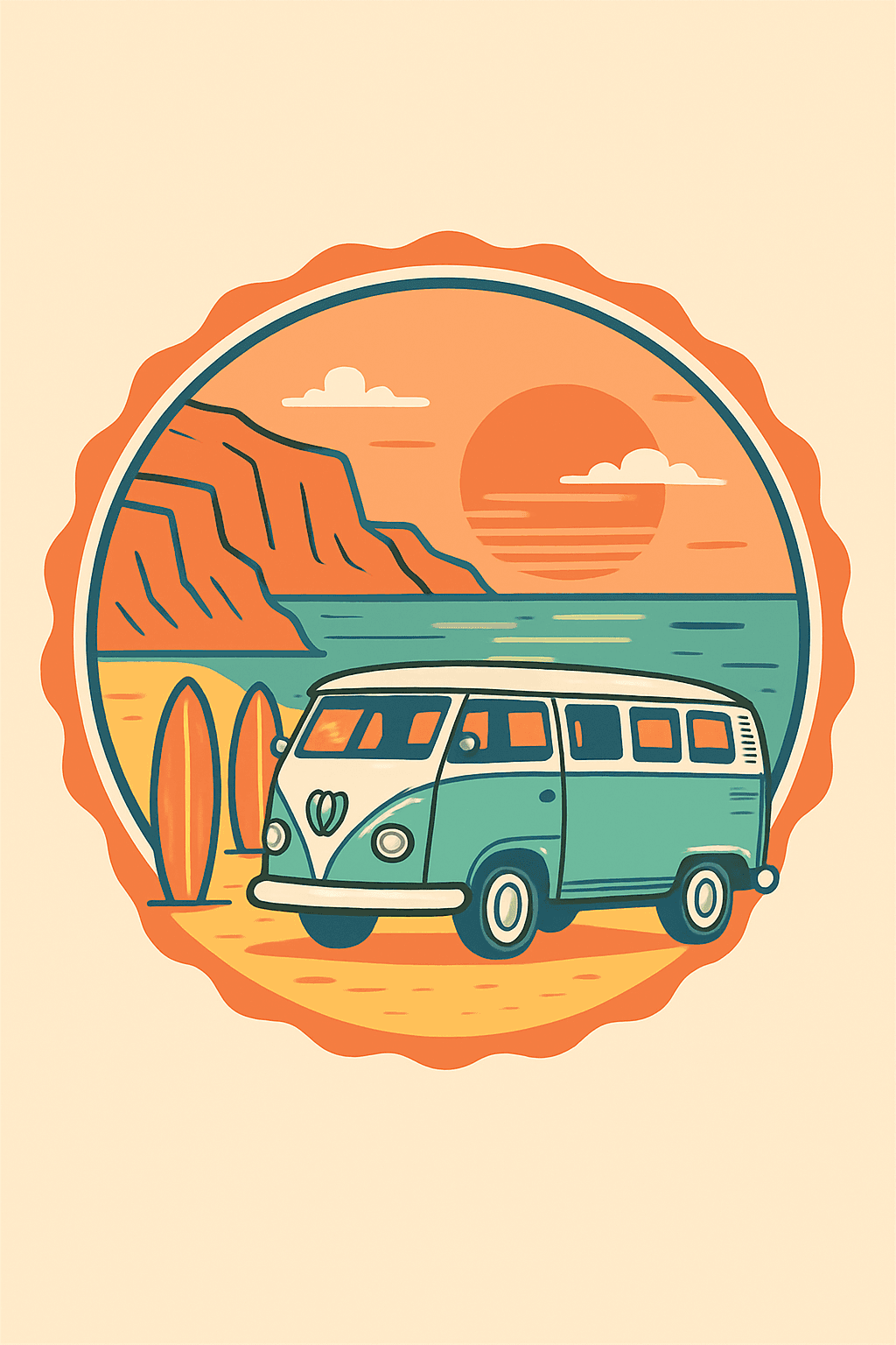 Retro Surf Van at Sunset Beach Scene