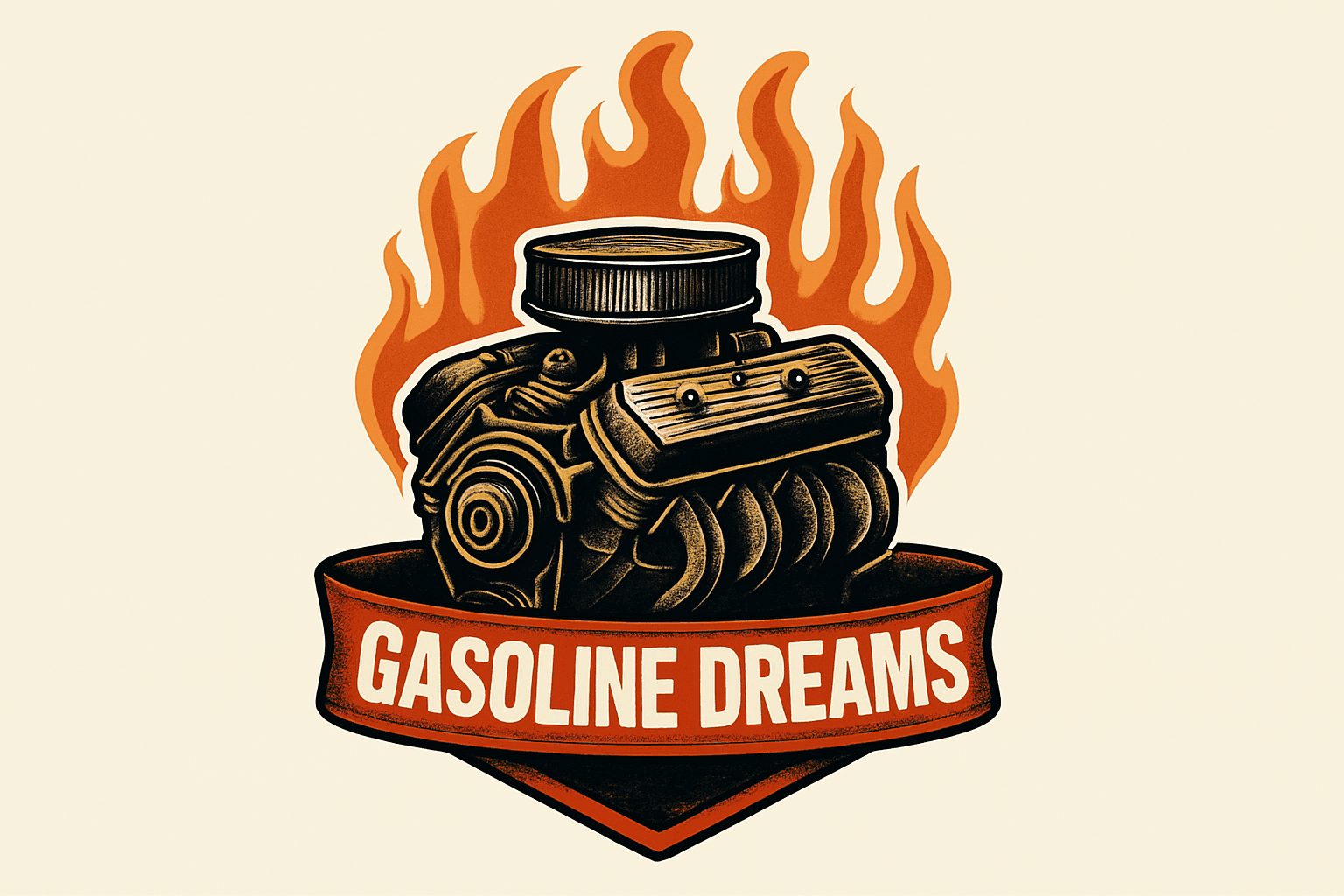 Vintage Muscle Car Engine with Fiery Flames