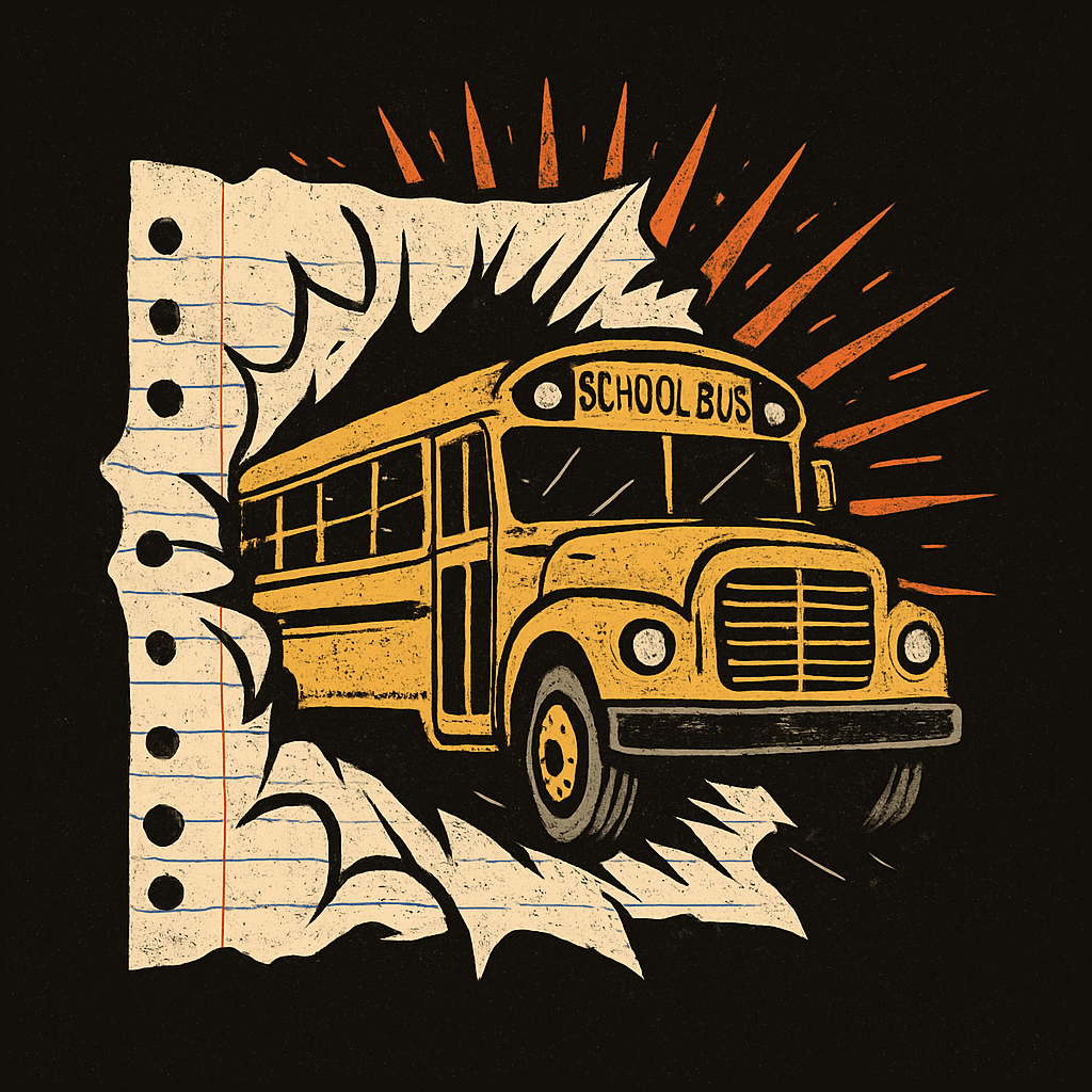 School Bus Bursting Through Notebook