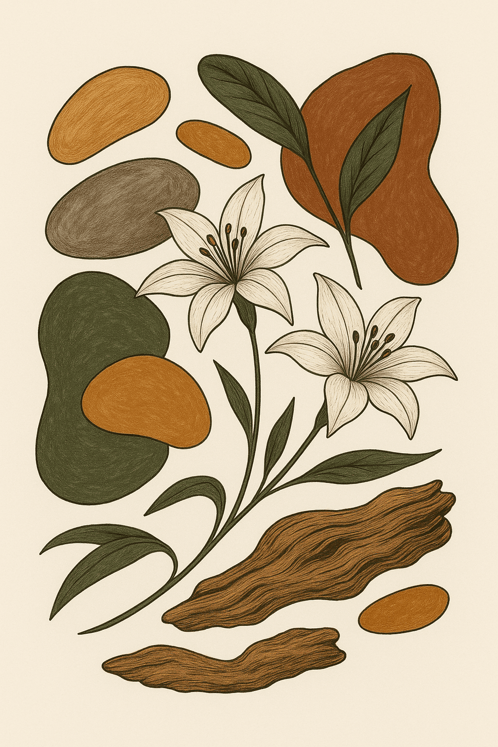 Earthy Botanical Sketch with Lilies & Organic Shapes