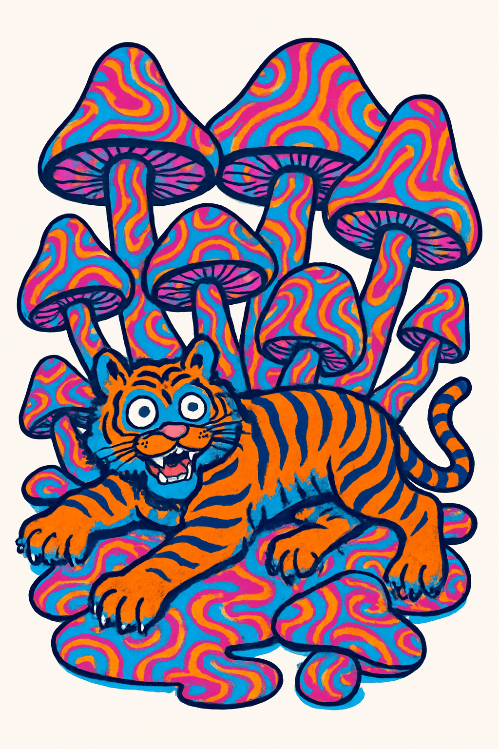 Psychedelic Tiger Among Vibrant Swirly Mushrooms