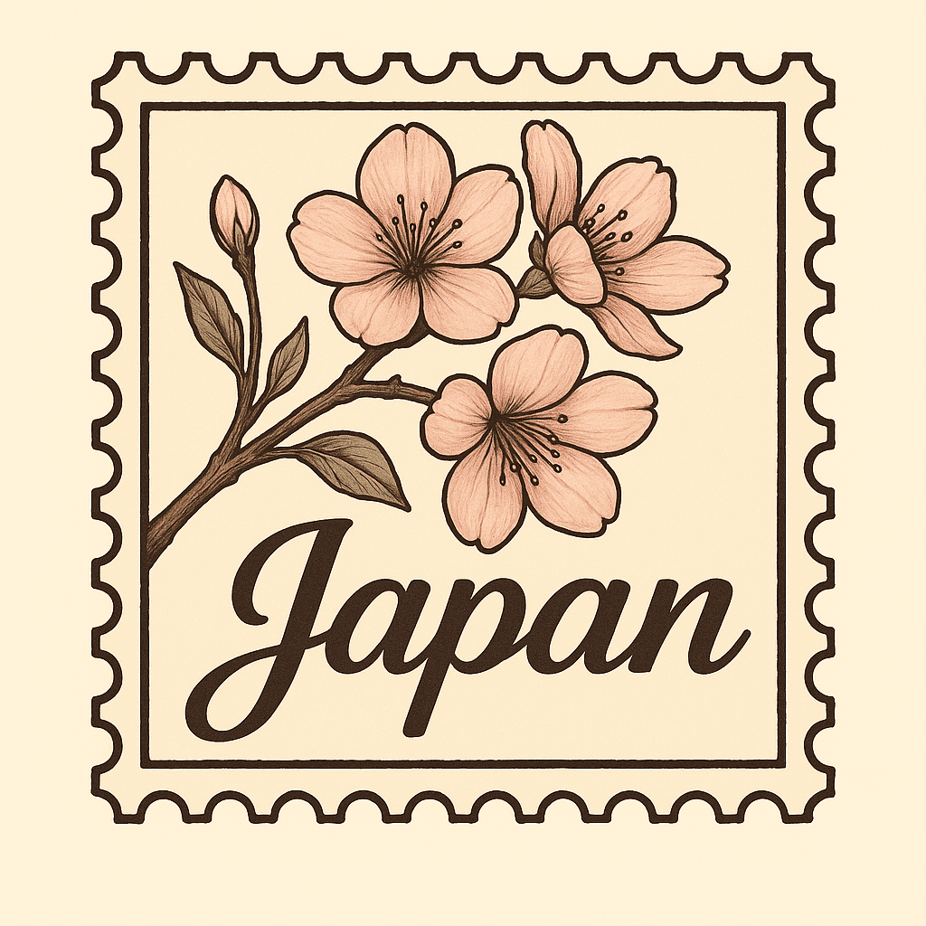 Vintage Cherry Blossom Stamp with Japan Script