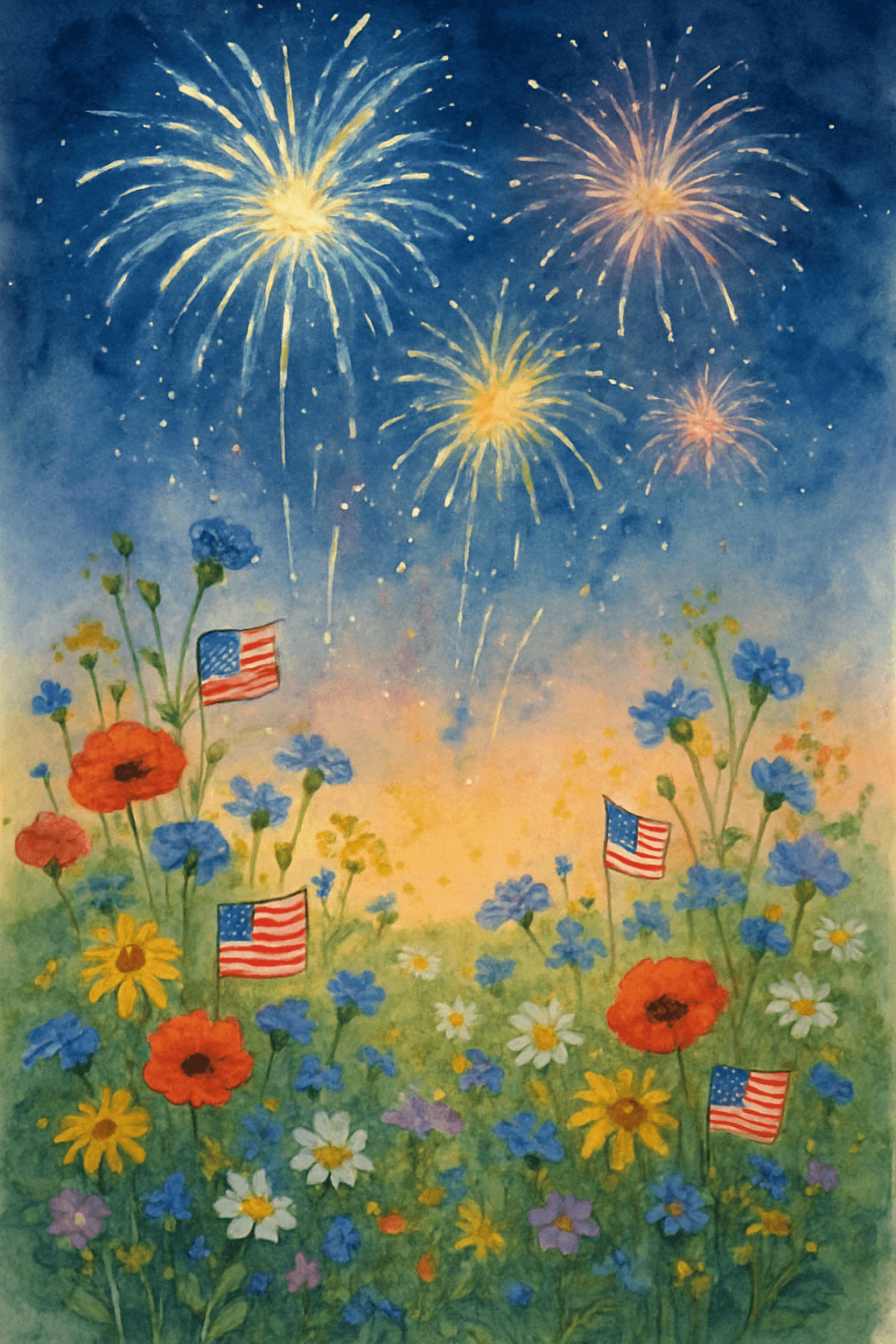 Festive Fireworks Over Blooming Fields