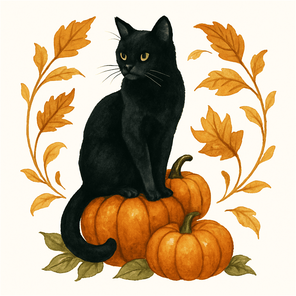 Autumn Black Cat with Pumpkins