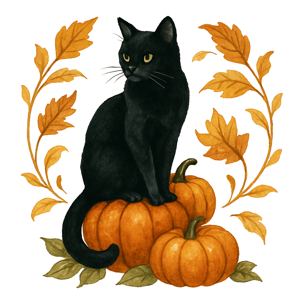 Autumn Black Cat with Pumpkins