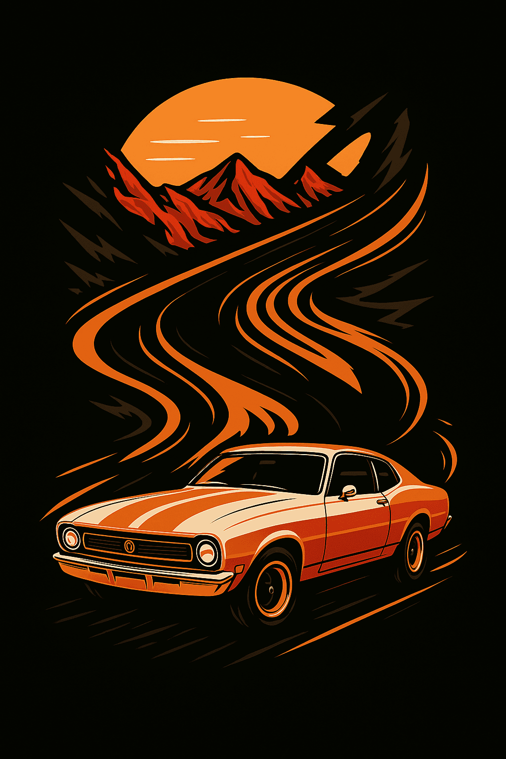 Retro Muscle Car Driving Through Mountain Sunset