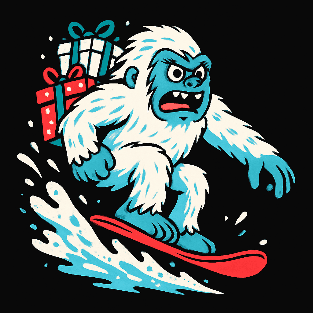 Yeti Snowboarding with Christmas Gifts