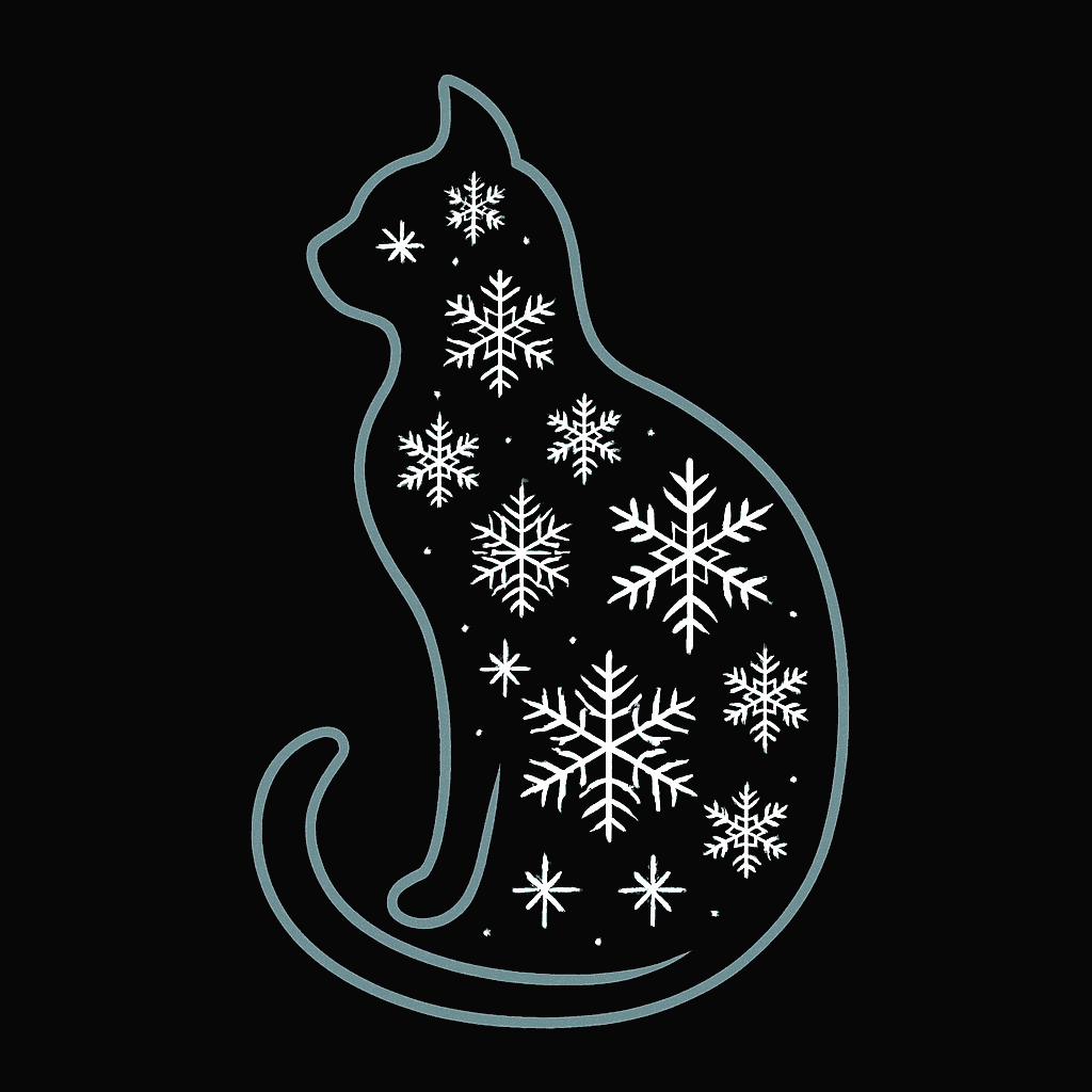 Winter Cat Silhouette with Snowflakes
