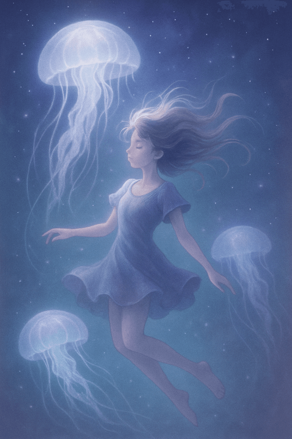 Dreamy Girl Floating with Luminous Jellyfish