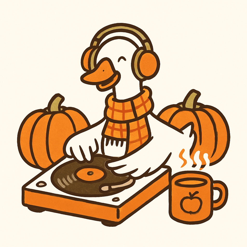 Cozy Autumn DJ Goose with Pumpkins & Hot Drink