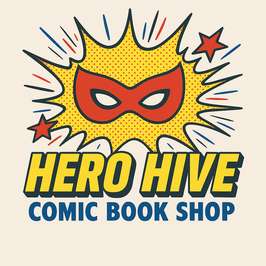 Hero Hive Comic Book Shop Logo with Pop Art Mask