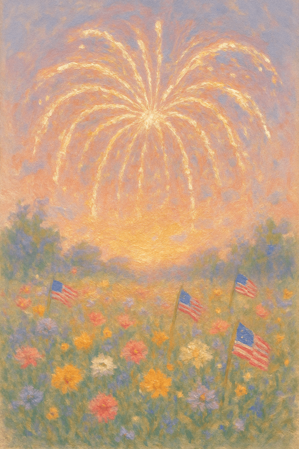 Celebratory Fireworks Over Floral Fields