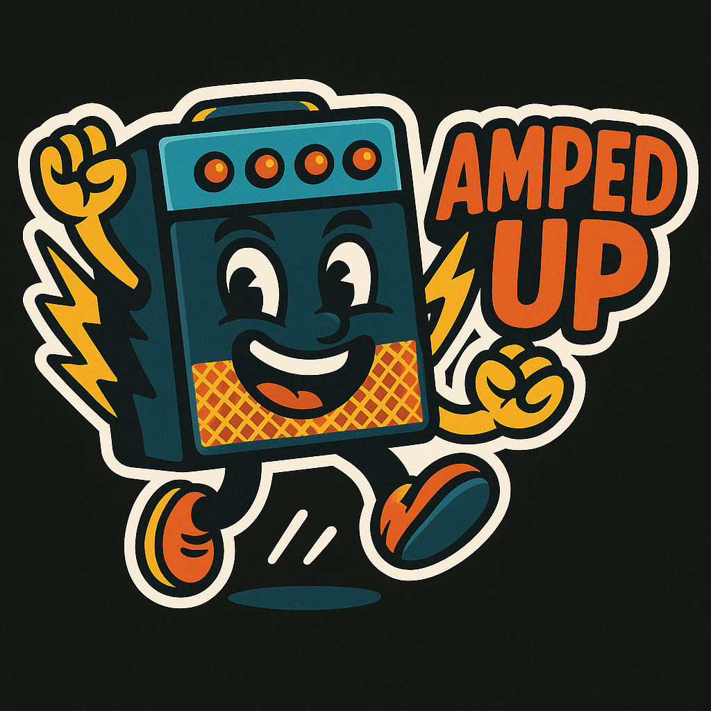 Cheerful Cartoon Guitar Amp with 'Amped Up' Text
