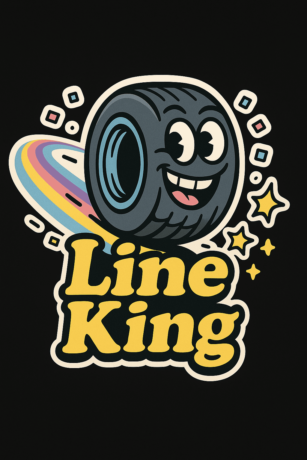 Playful Cartoon Racing Tire with 'Line King' Text