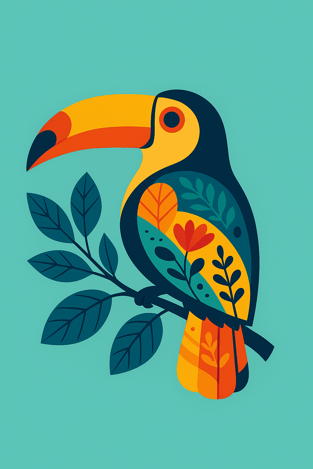 Colorful Tropical Toucan with Botanical Patterns