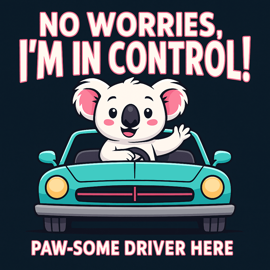 Cute Koala Driving with 'I'm in Control' Slogan