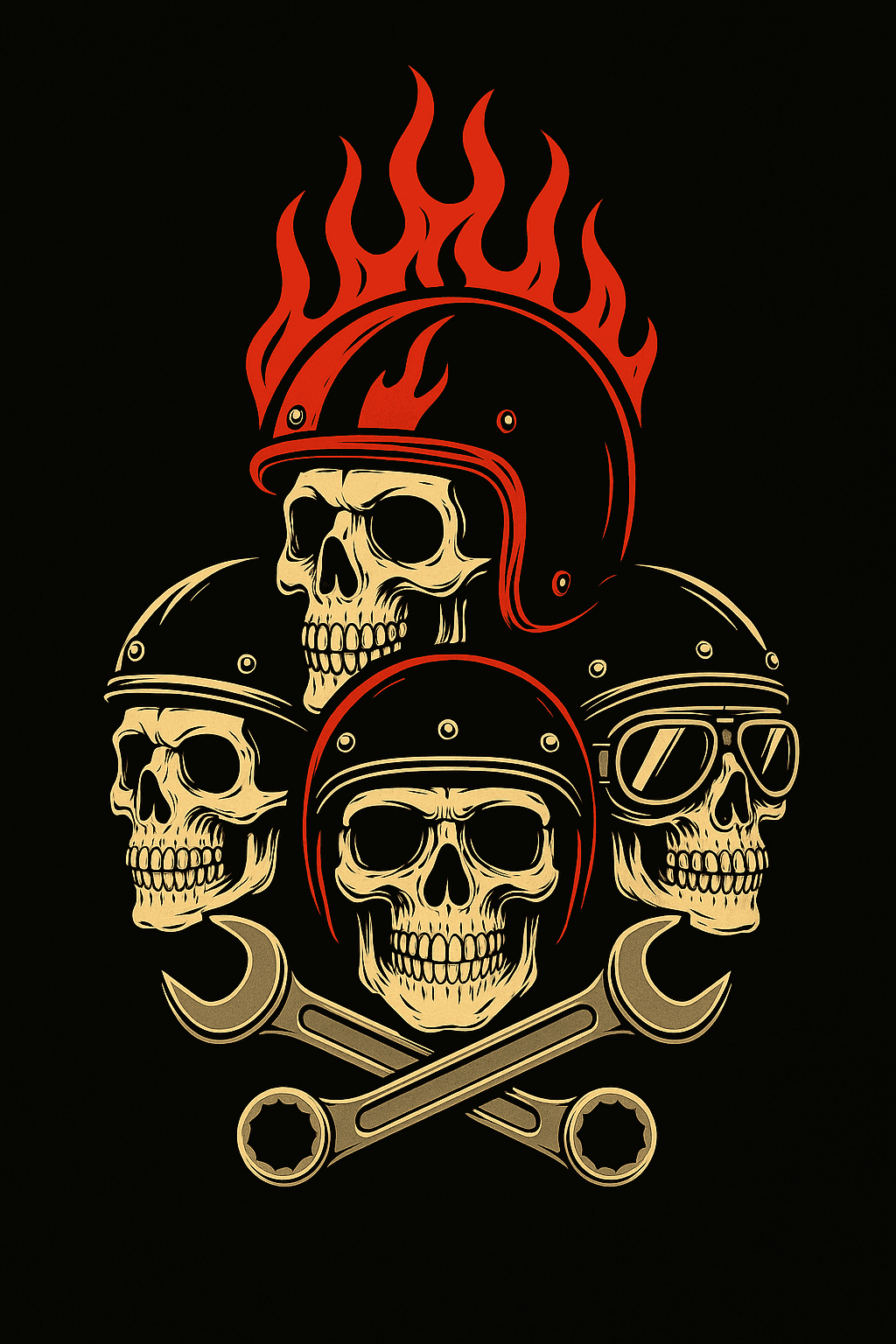 Flaming Skull Biker Crew with Wrenches