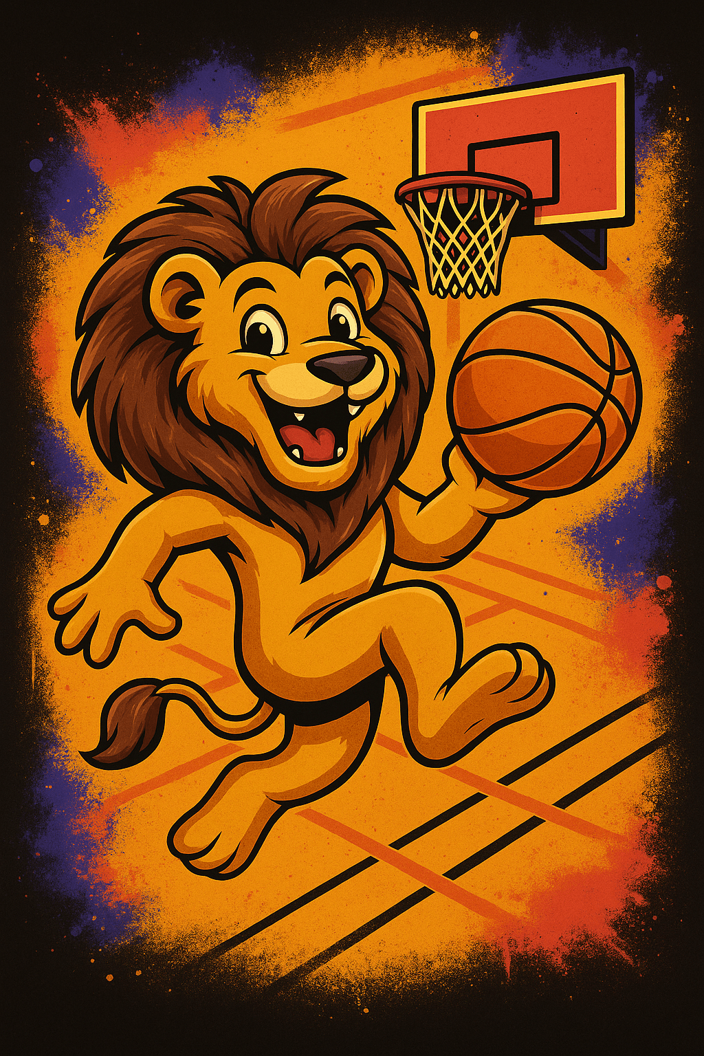 Cheerful Lion Dunking Basketball