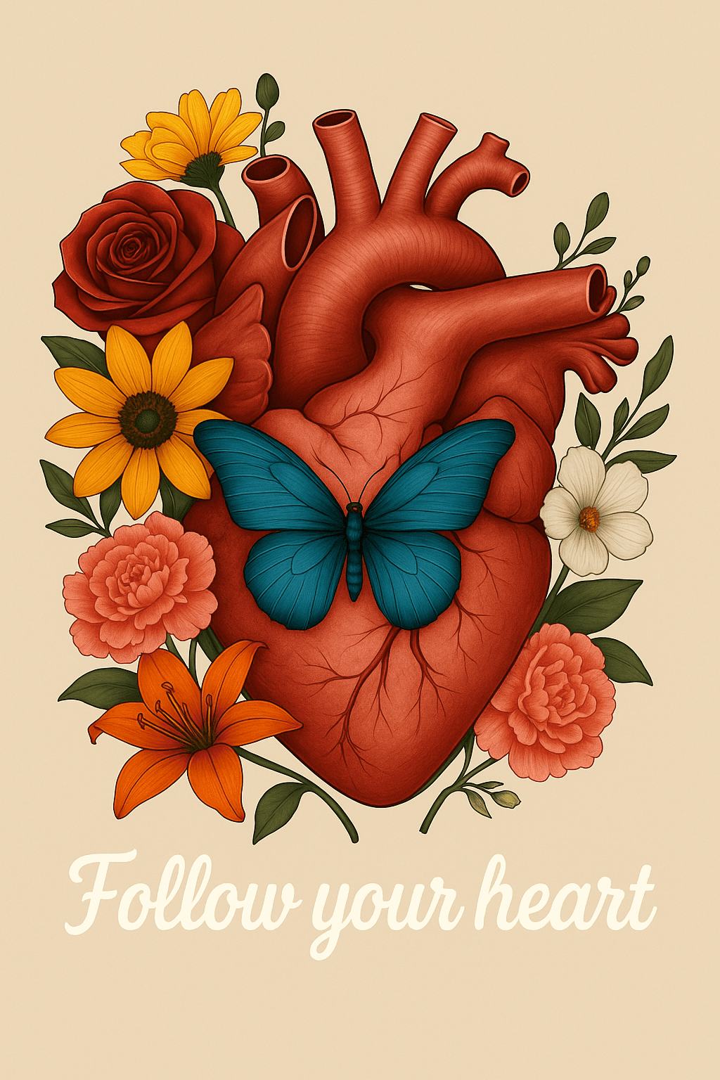 Anatomical Heart with Flowers & Butterfly