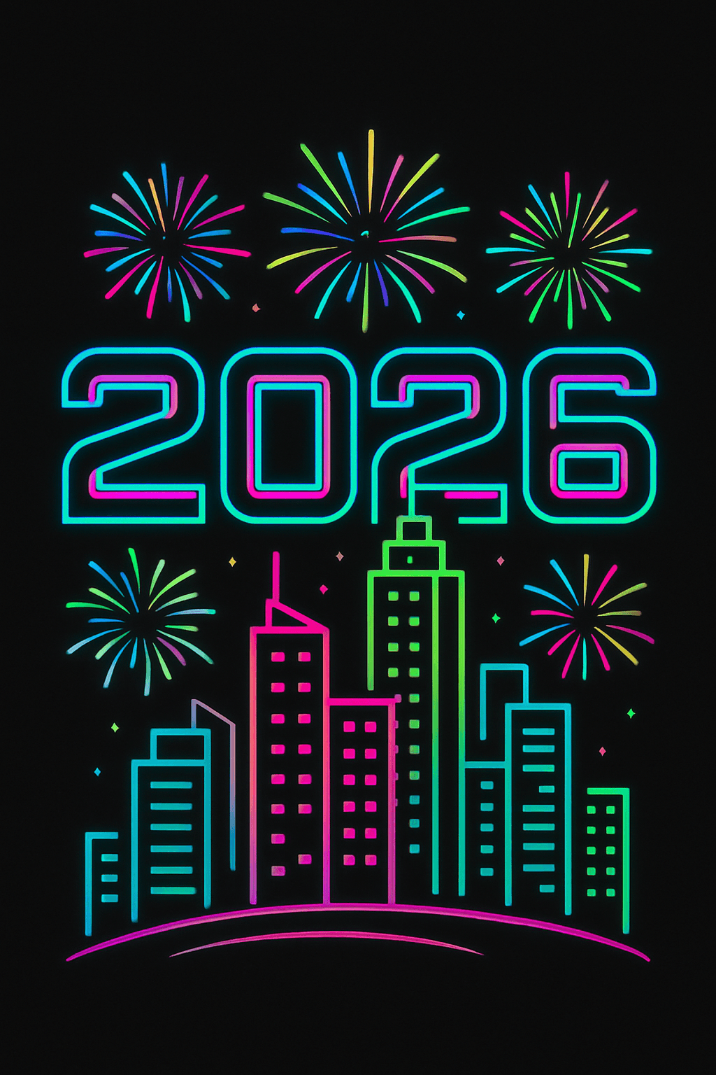 Neon 2026 City Skyline with Fireworks