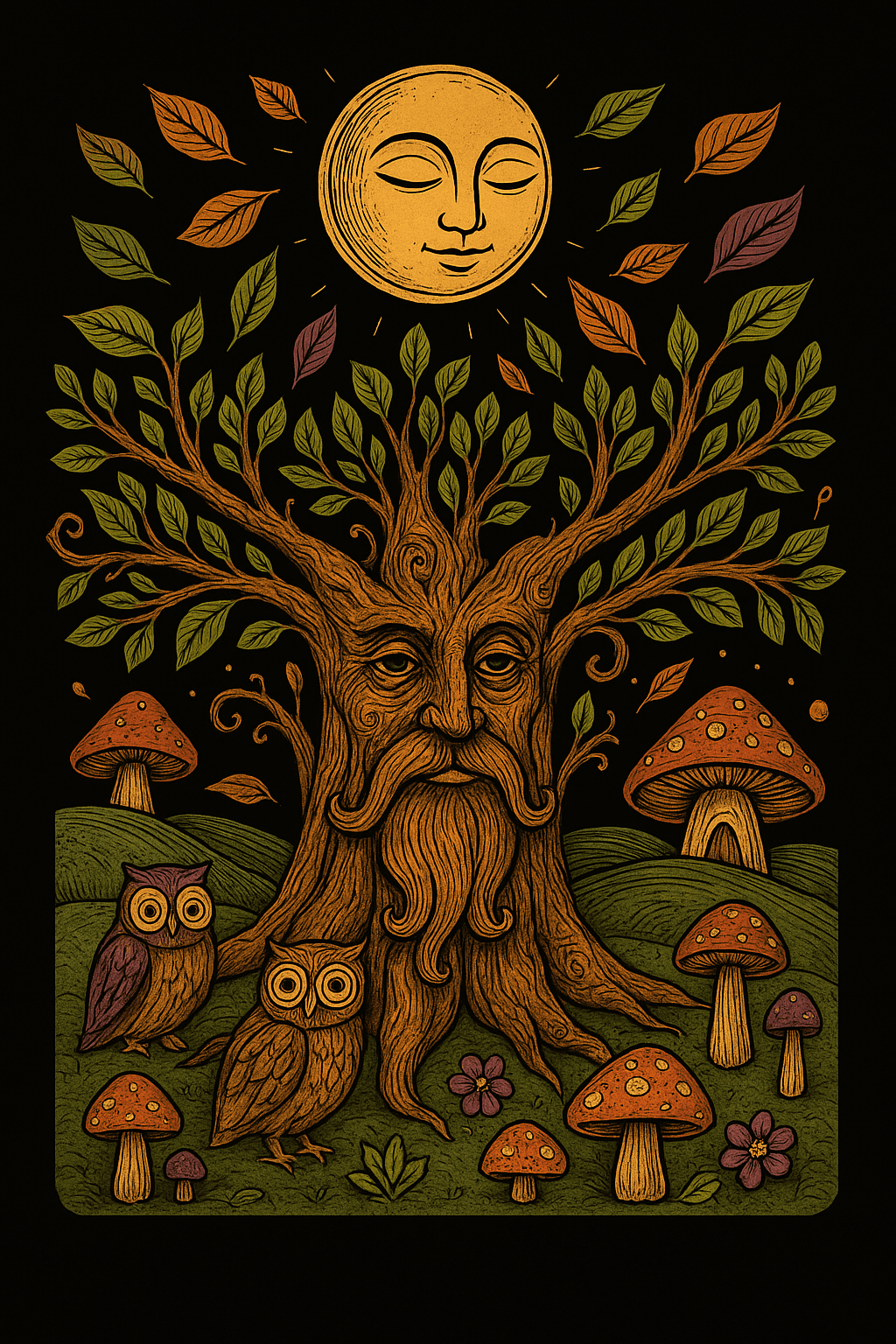 Whimsical Tree Spirit with Owls and Mushrooms