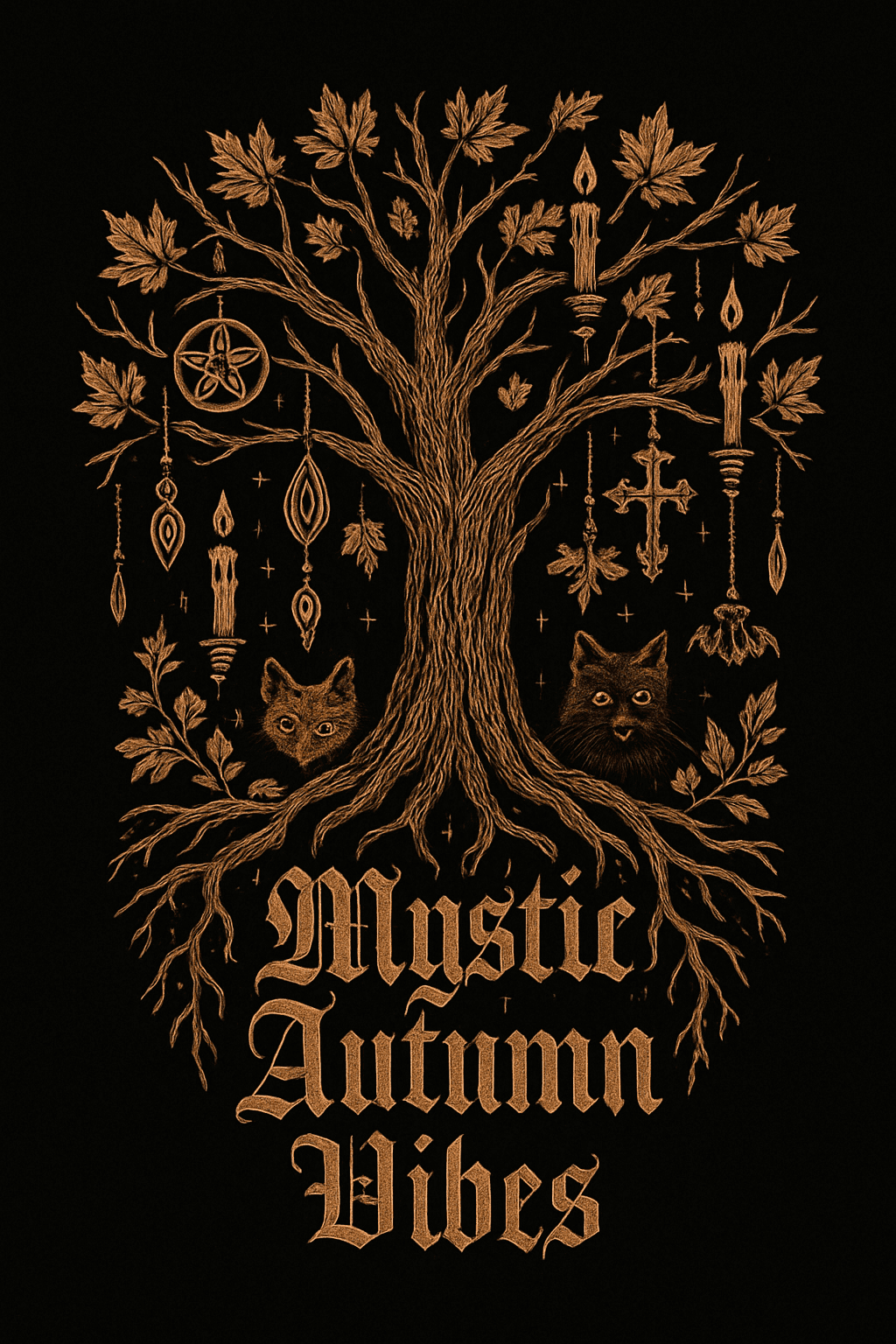 Mystic Autumn Vibes Tree with Cats and Symbols