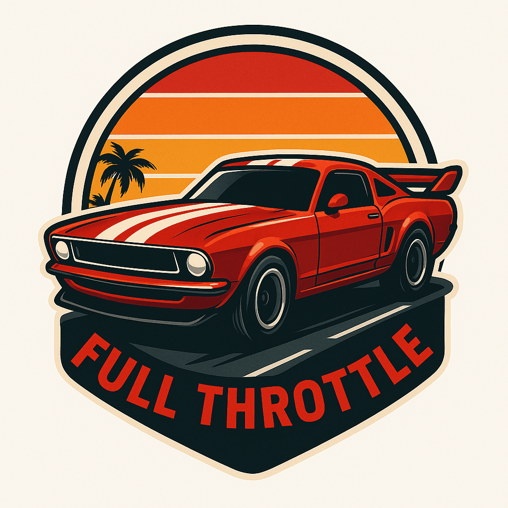 Retro Red Muscle Car with Sunset and Full Throttle