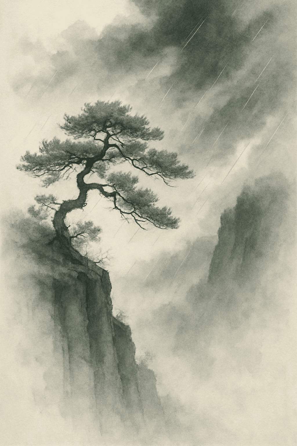 Solitary Pine on Misty Cliff