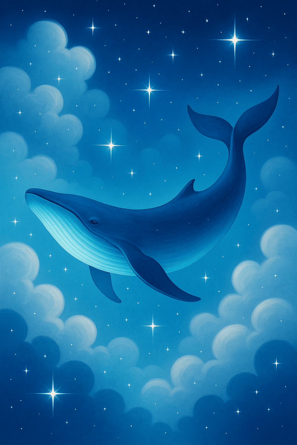 Dreamy Blue Whale Soaring Through Starry Skies