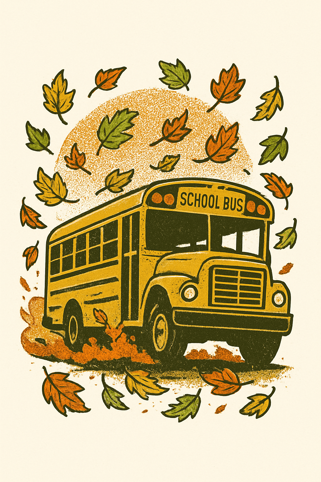 Retro School Bus Kicking Up Fall Leaves