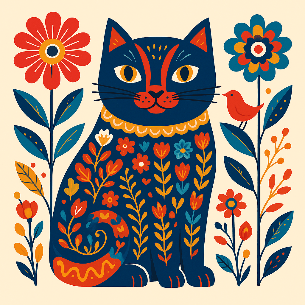 Folk Art Cat with Vibrant Floral Patterns