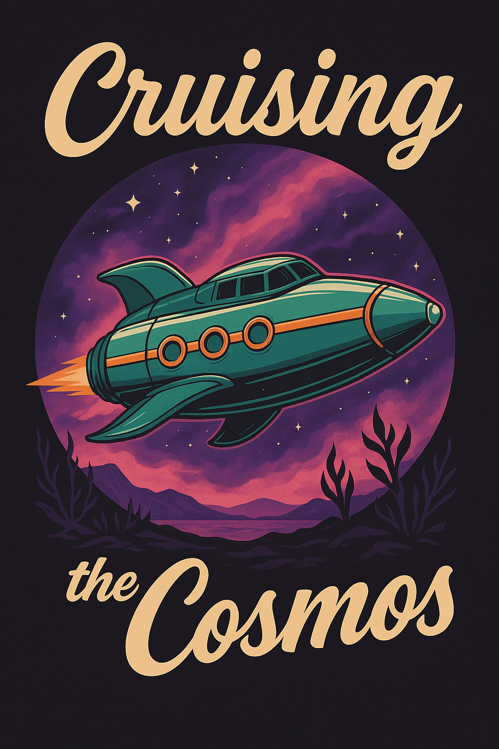 Retro Space Rocket Cruising the Cosmos