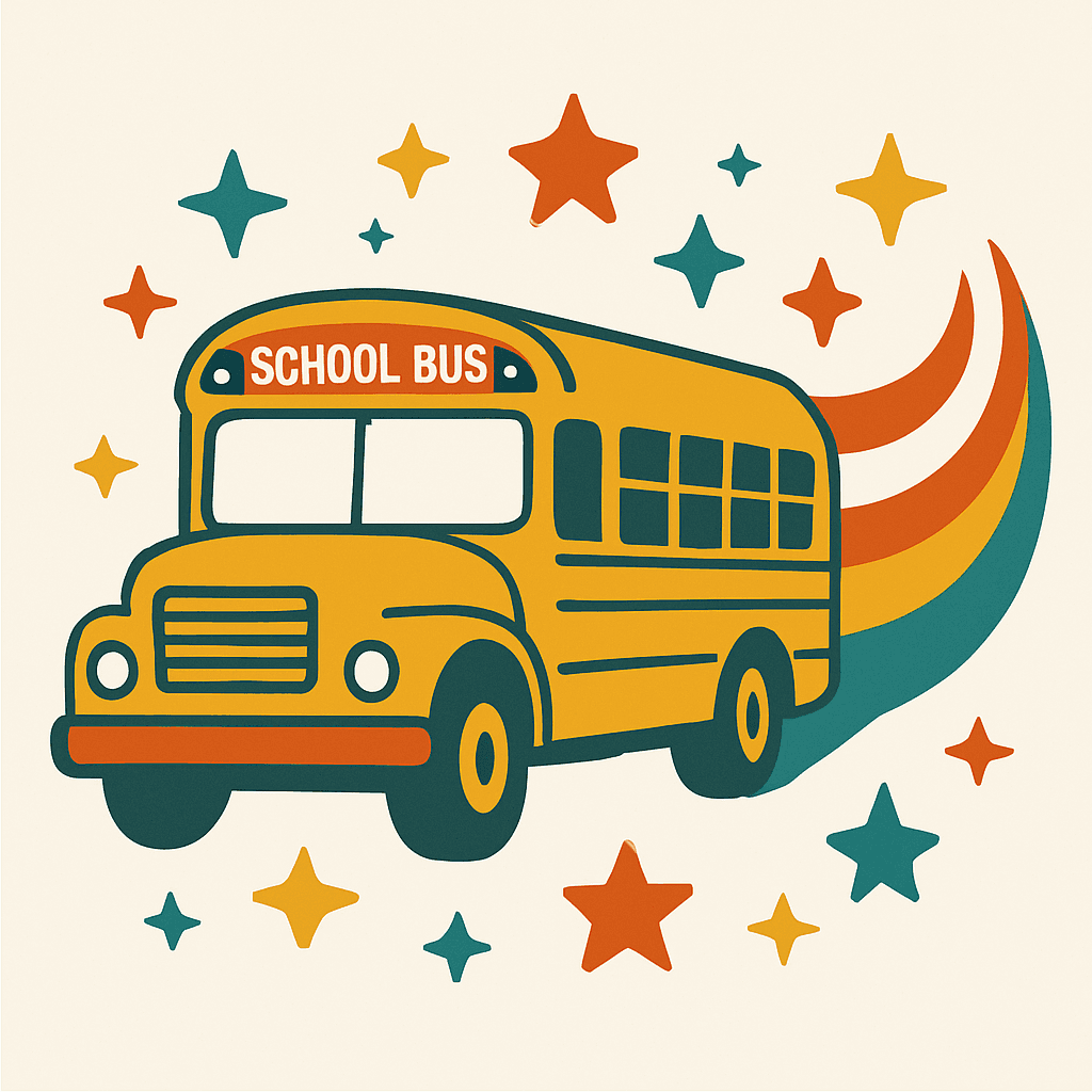 Retro School Bus with Colorful Starburst Trail