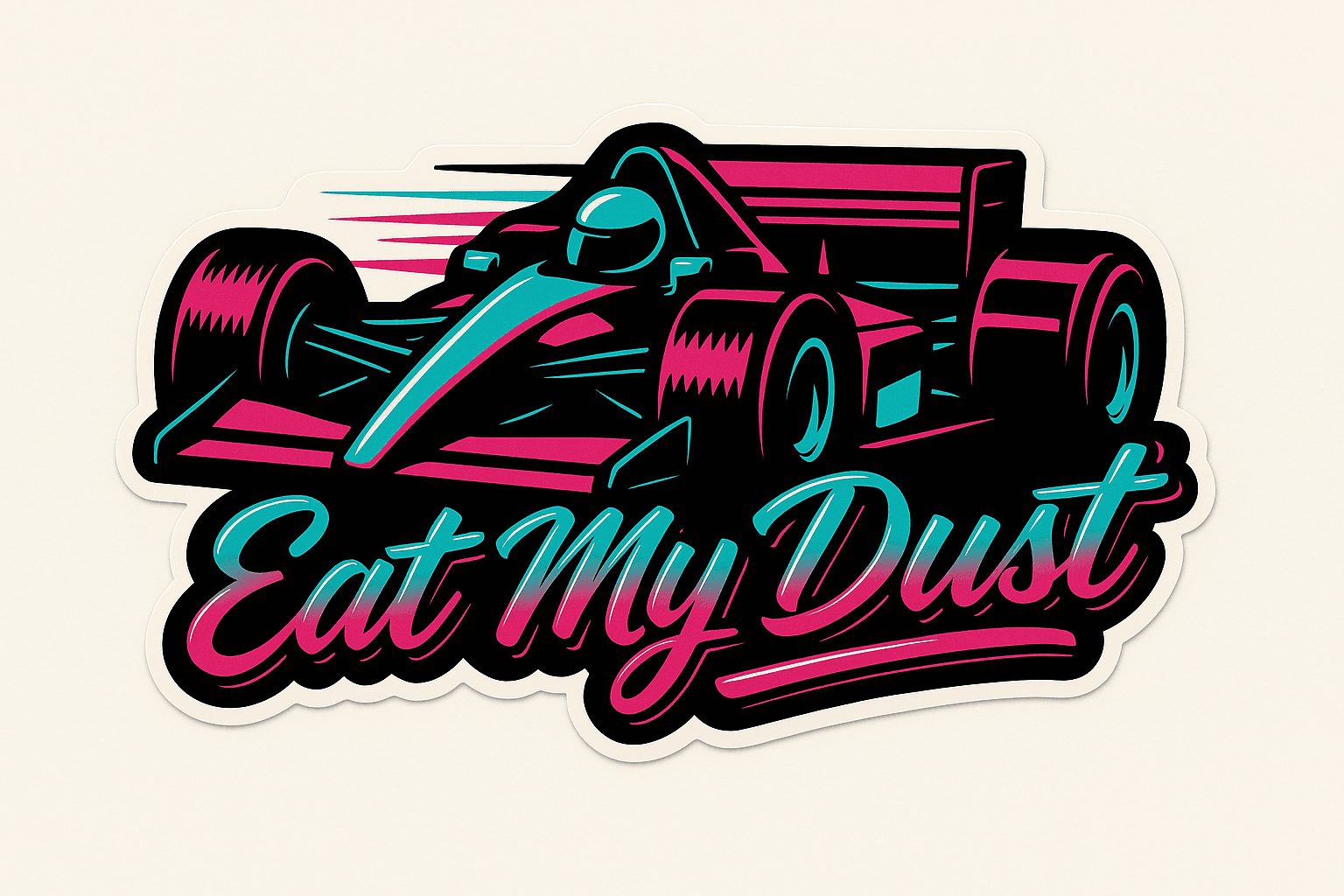 Retro Racecar Sticker with Bold 'Eat My Dust' Text
