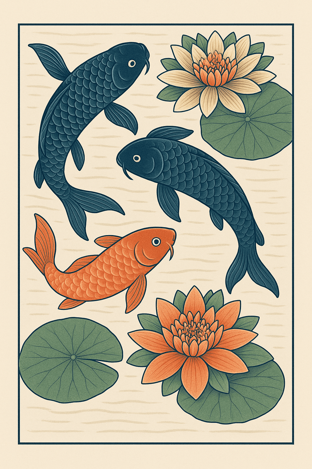 Elegant Koi Fish and Lotus Pond Illustration