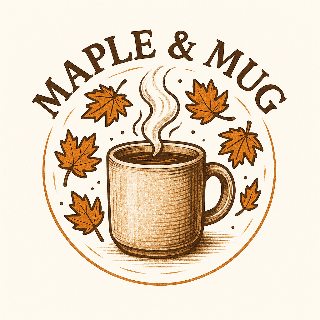 Cozy Maple Mug Coffee Logo with Autumn Leaves