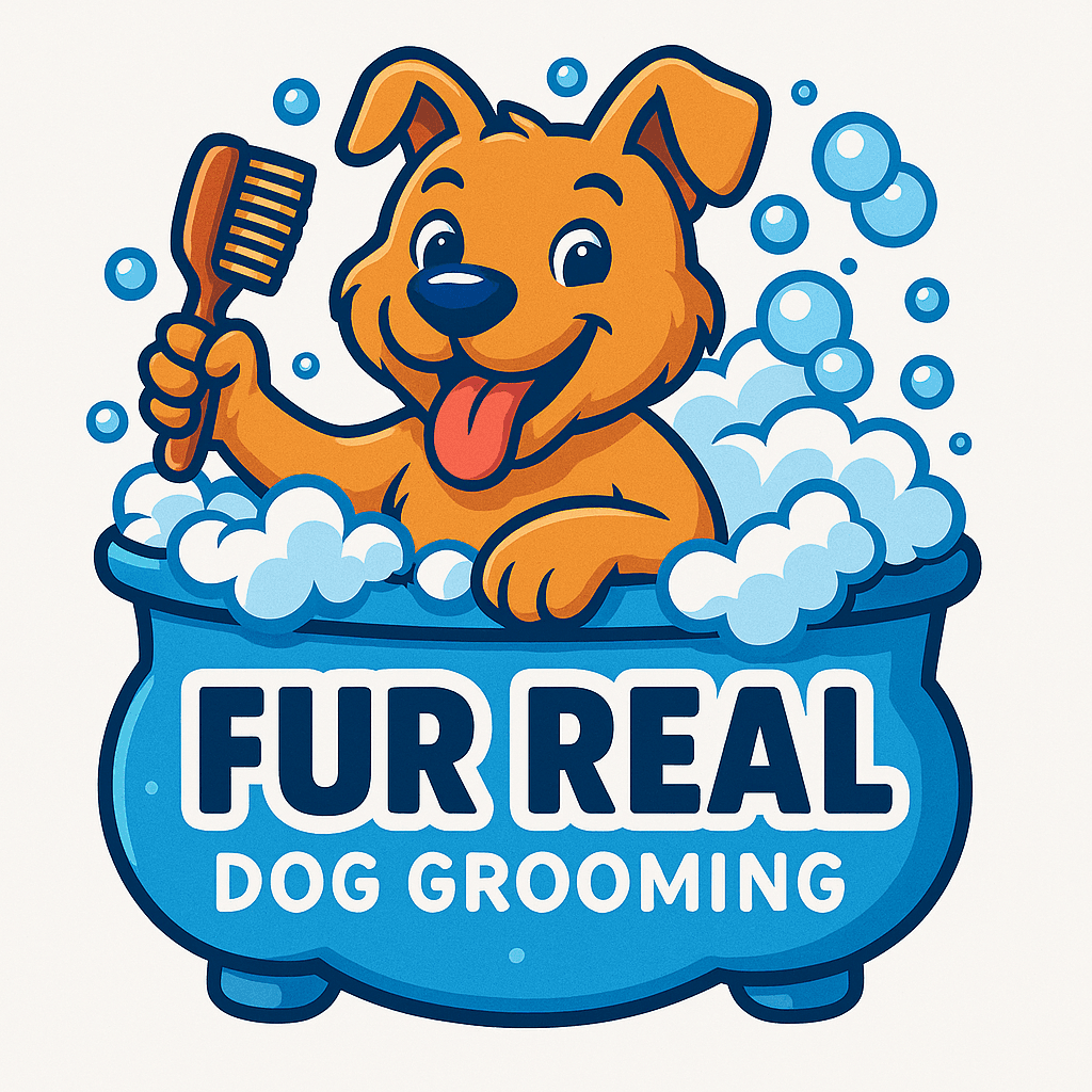 Playful Dog Grooming Logo with Bubbly Pup