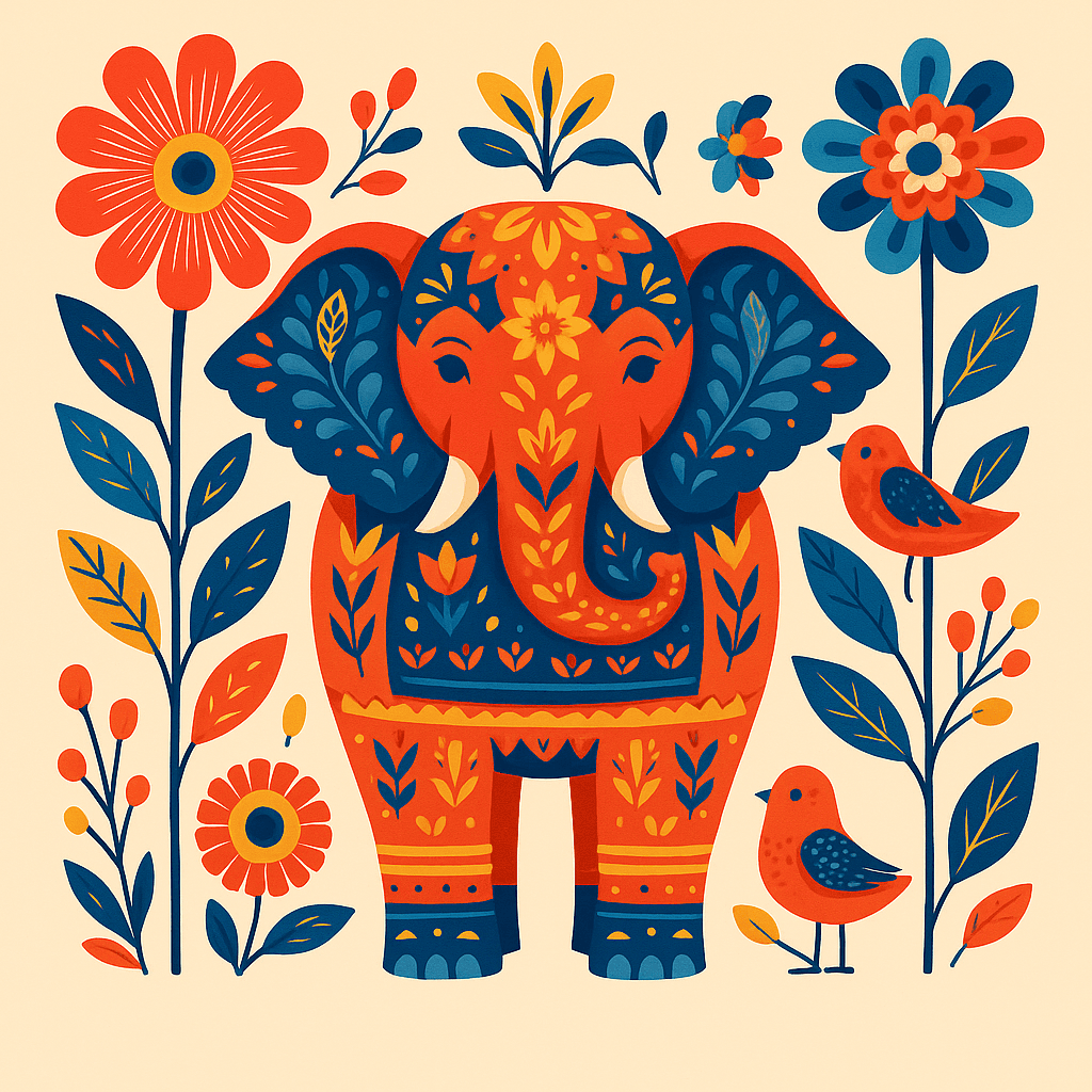 Colorful Folk Art Elephant with Flowers & Birds