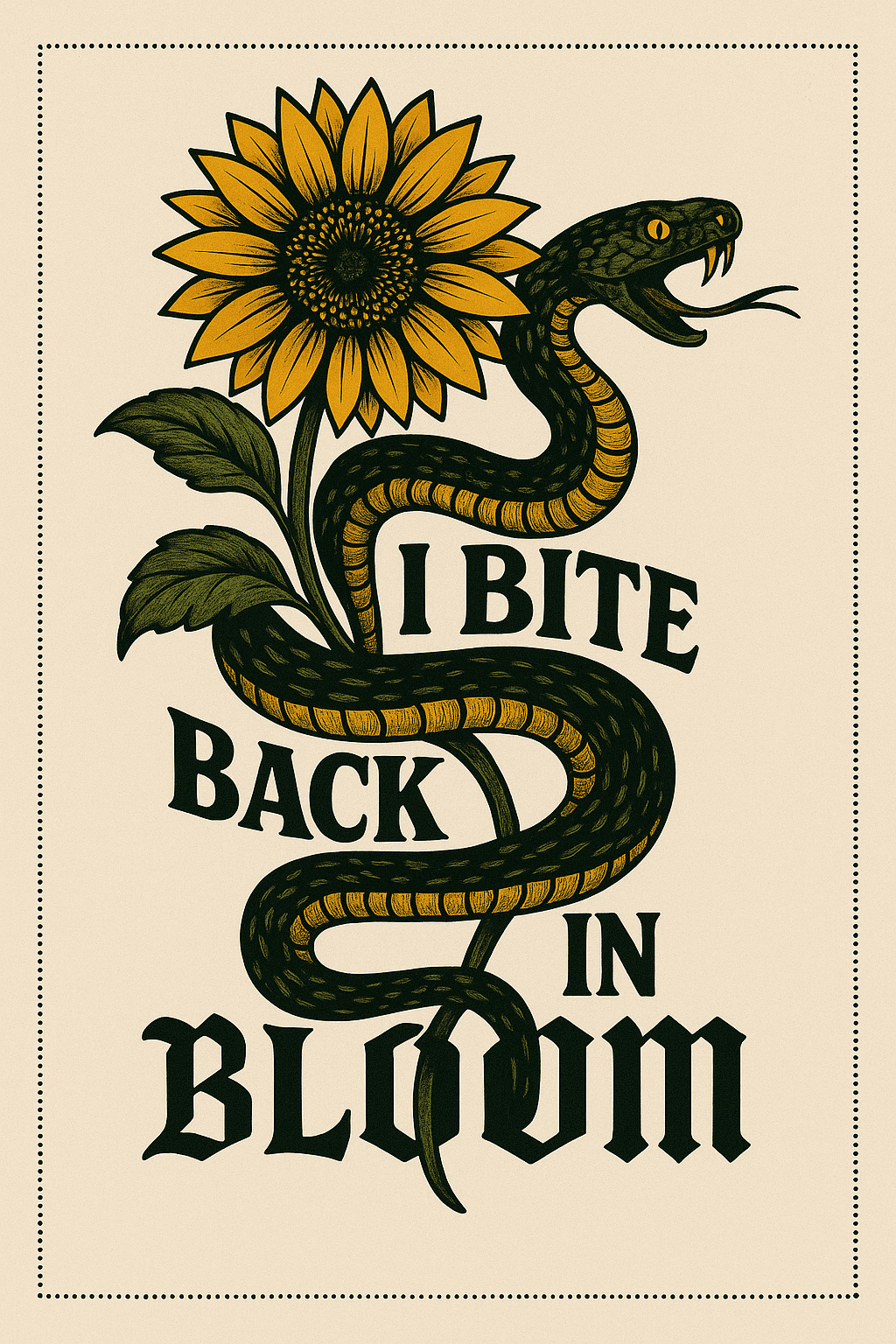 I Bite Back in Bloom Snake and Sunflower Tattoo