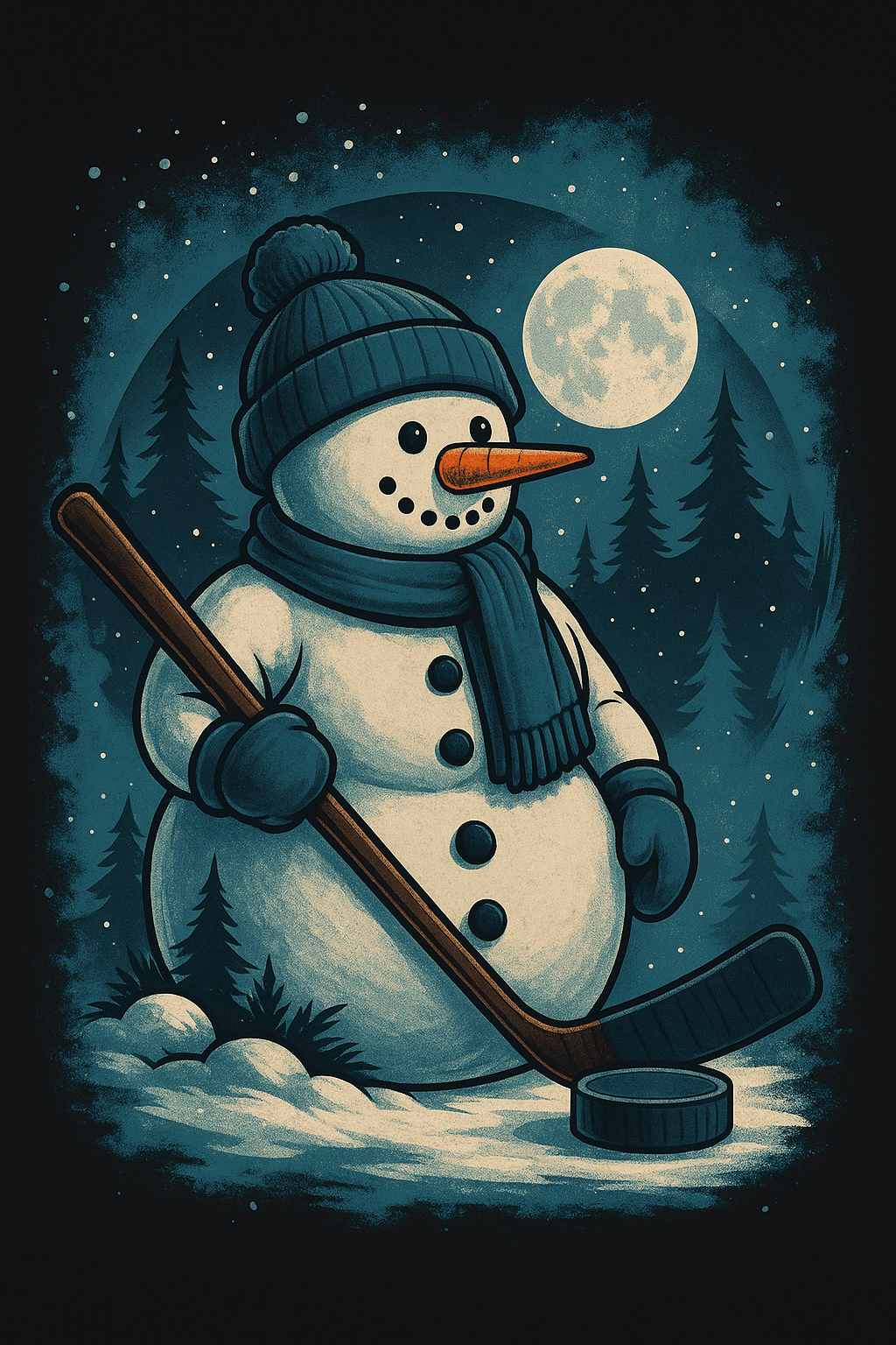 Snowman Playing Hockey Under Moonlight