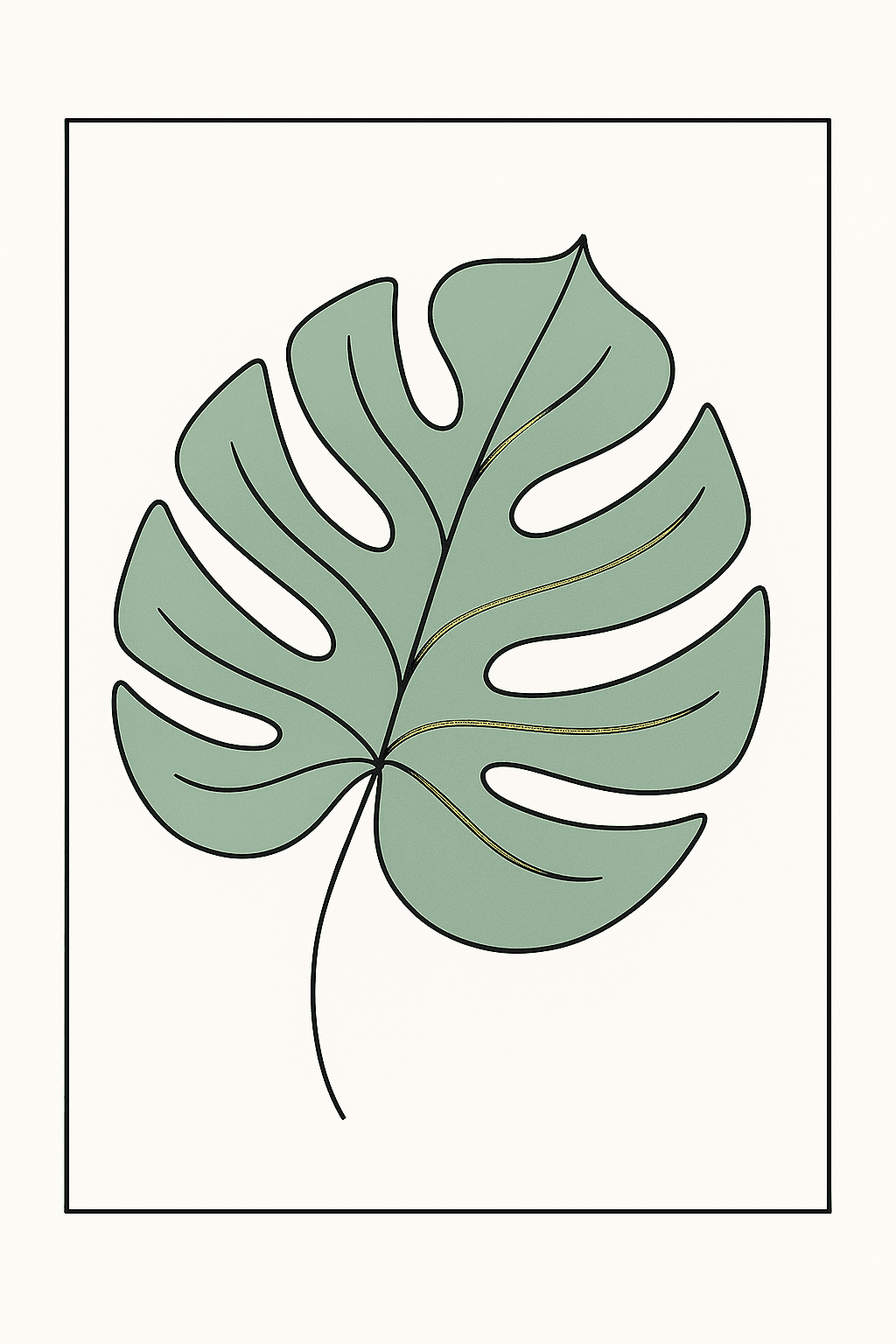Minimalist Monstera Leaf Line Art with Gold Accents