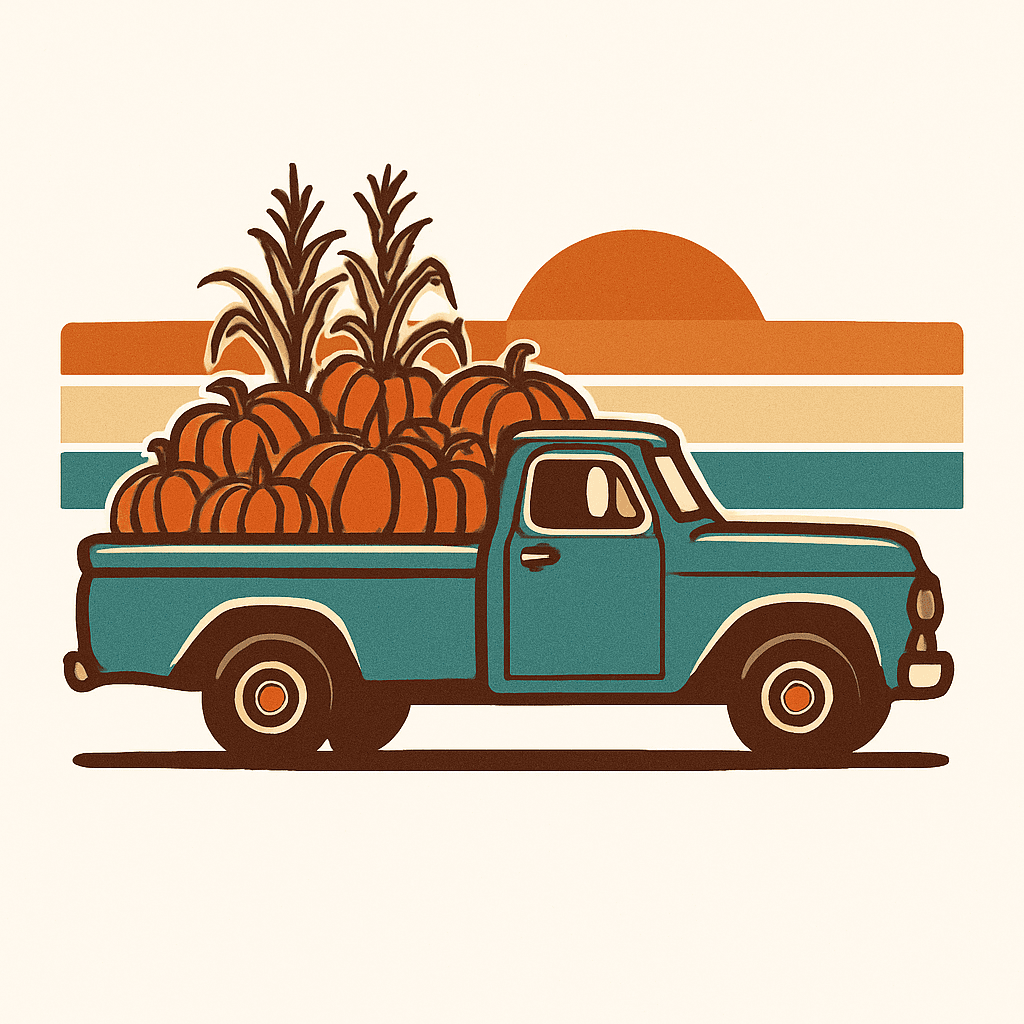 Vintage Truck Loaded with Pumpkins at Sunset