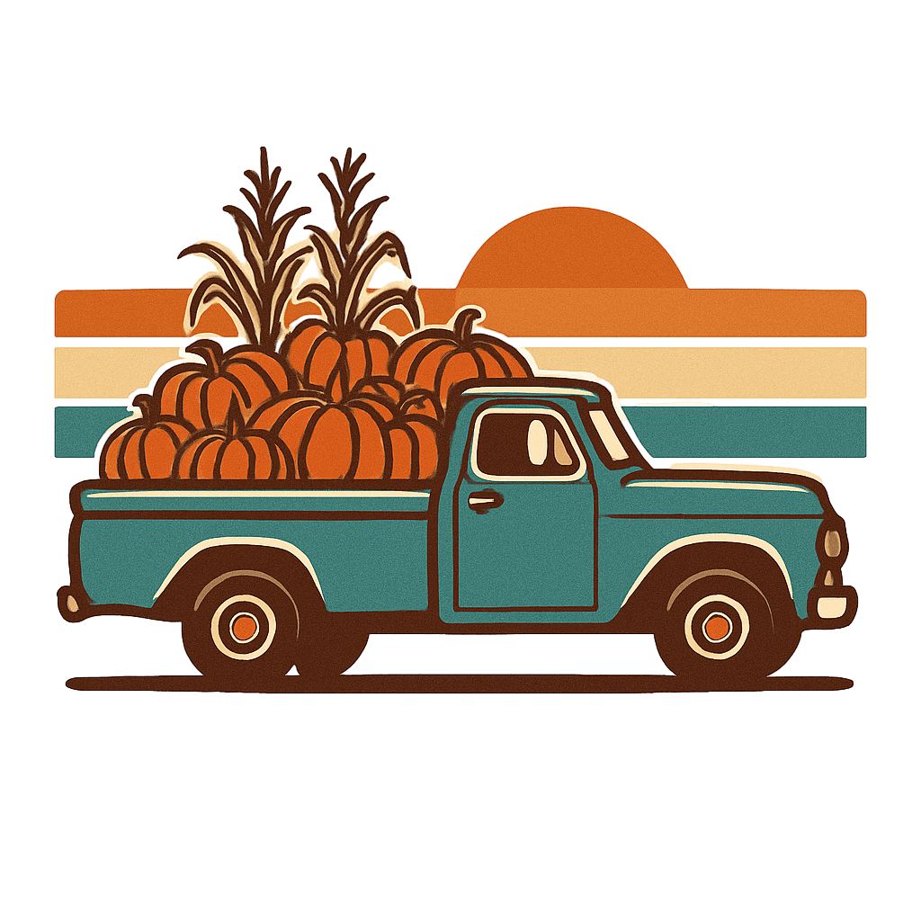 Vintage Truck Loaded with Pumpkins at Sunset
