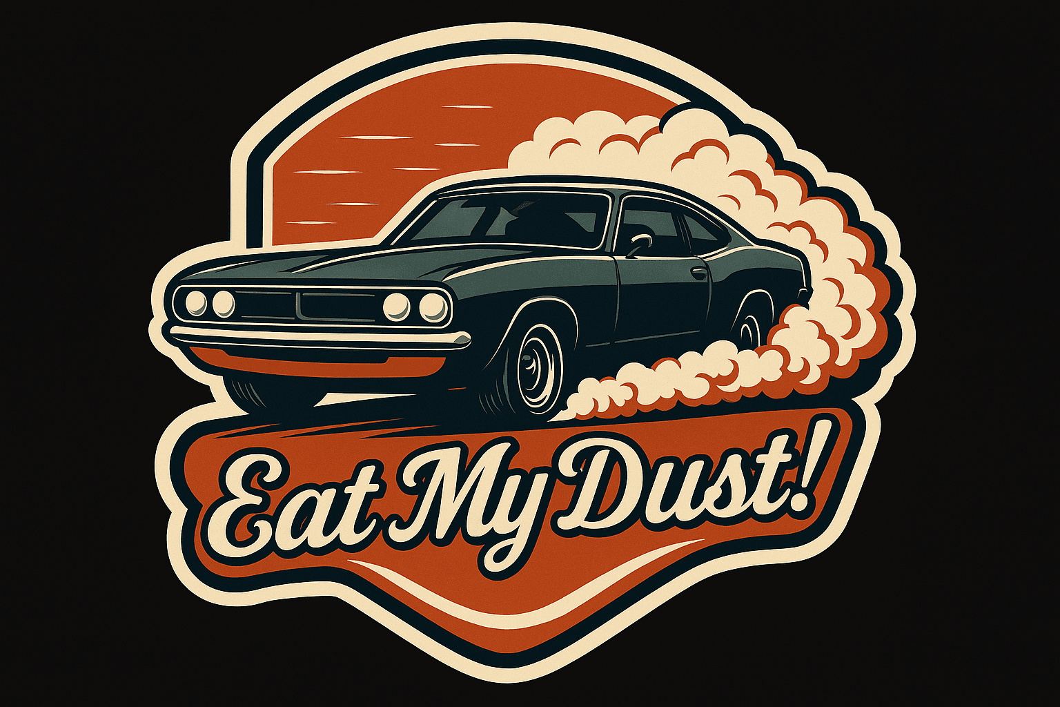 Retro Muscle Car Burnout Sticker with 'Eat My Dust!'