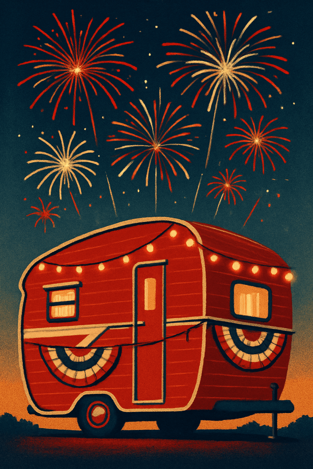 Festive Caravan Under Fireworks