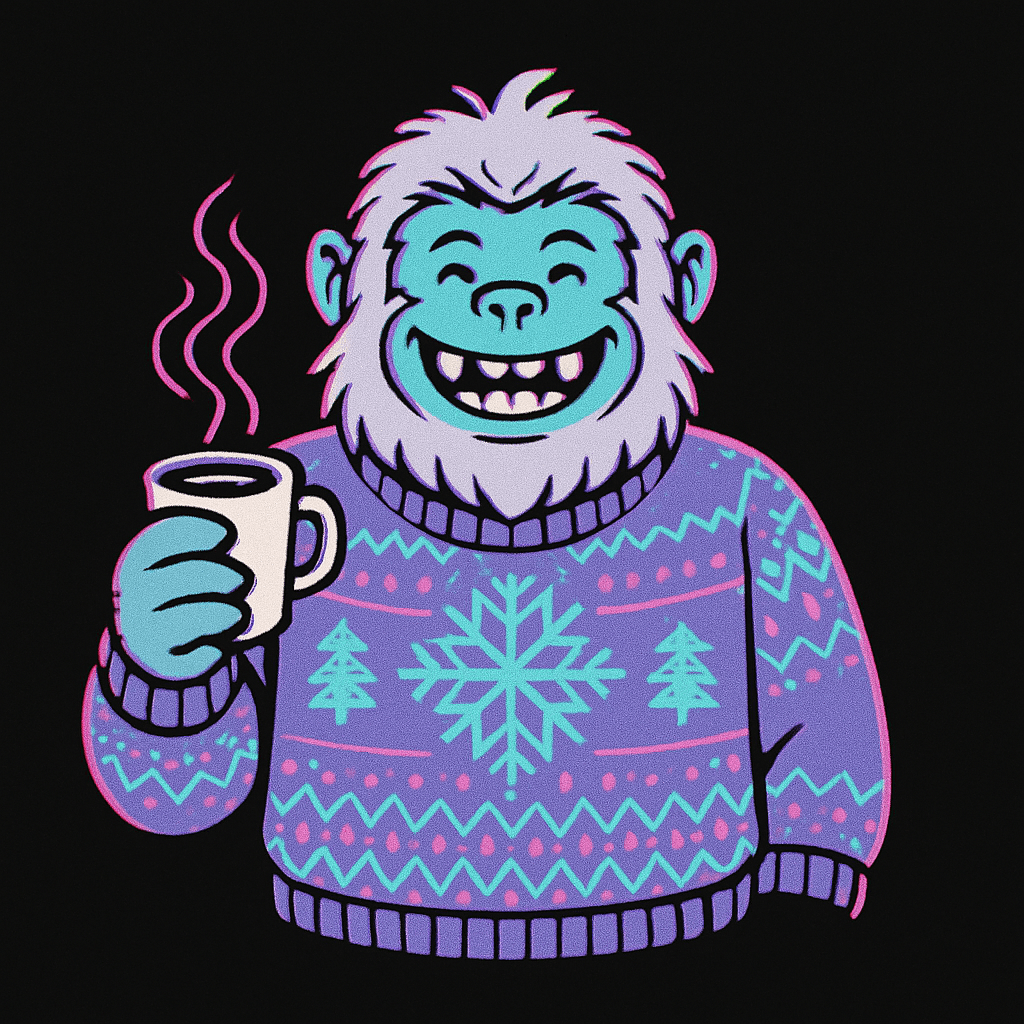 Cozy Yeti with Coffee in Winter Sweater