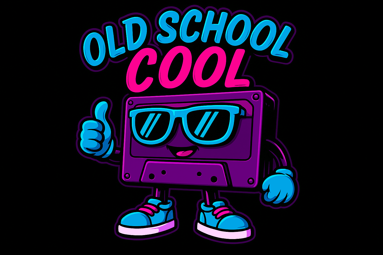 Retro Cassette Character with 'Old School Cool' Text
