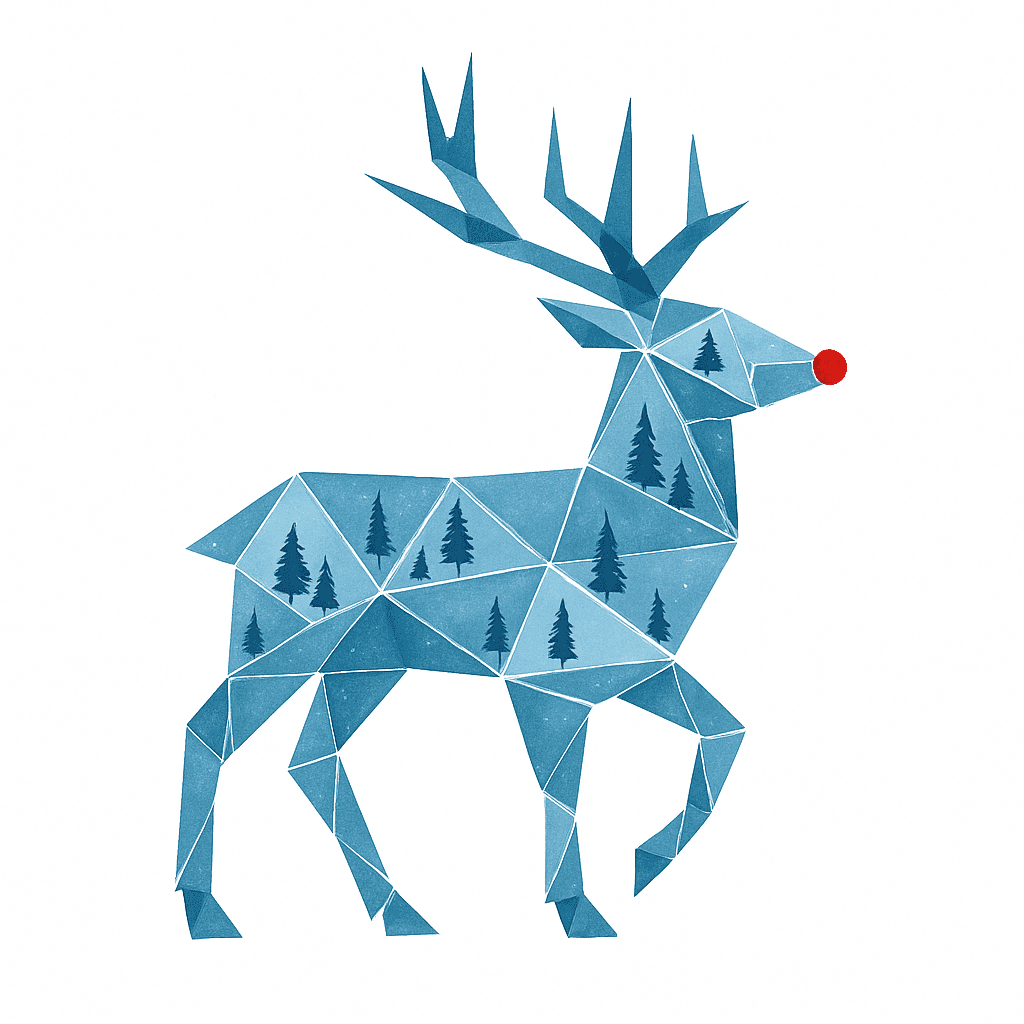 Geometric Blue Reindeer with Red Nose