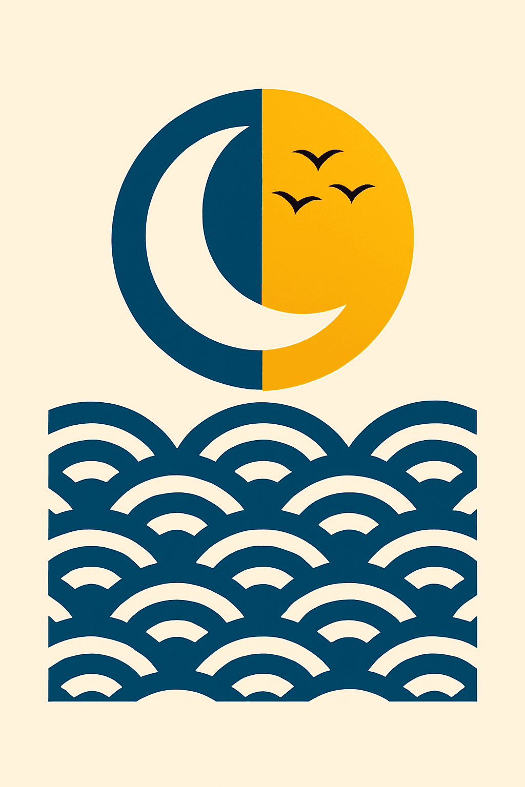 Minimalist Crescent Moon Over Stylized Waves