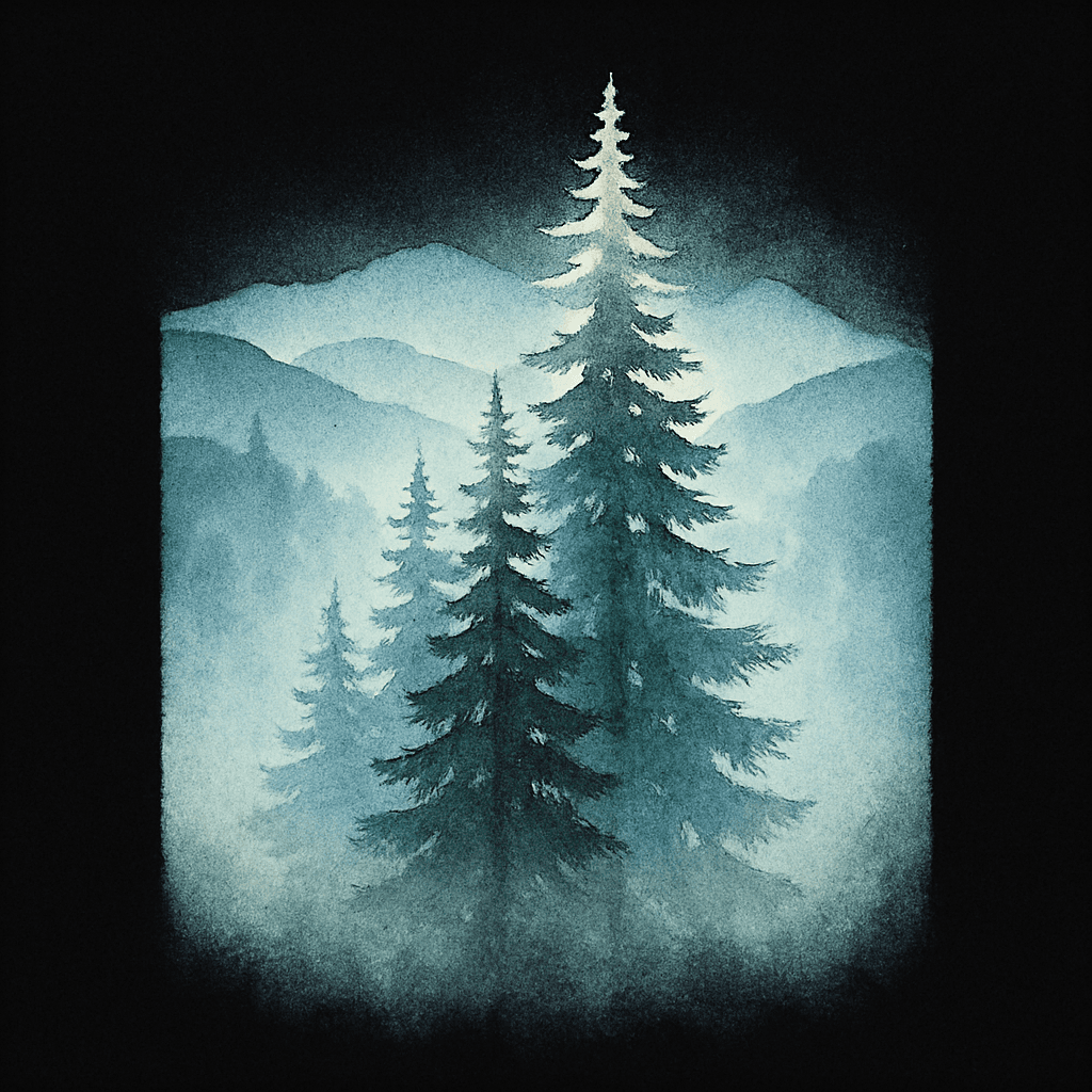 Misty Pine Trees in Mountain Twilight